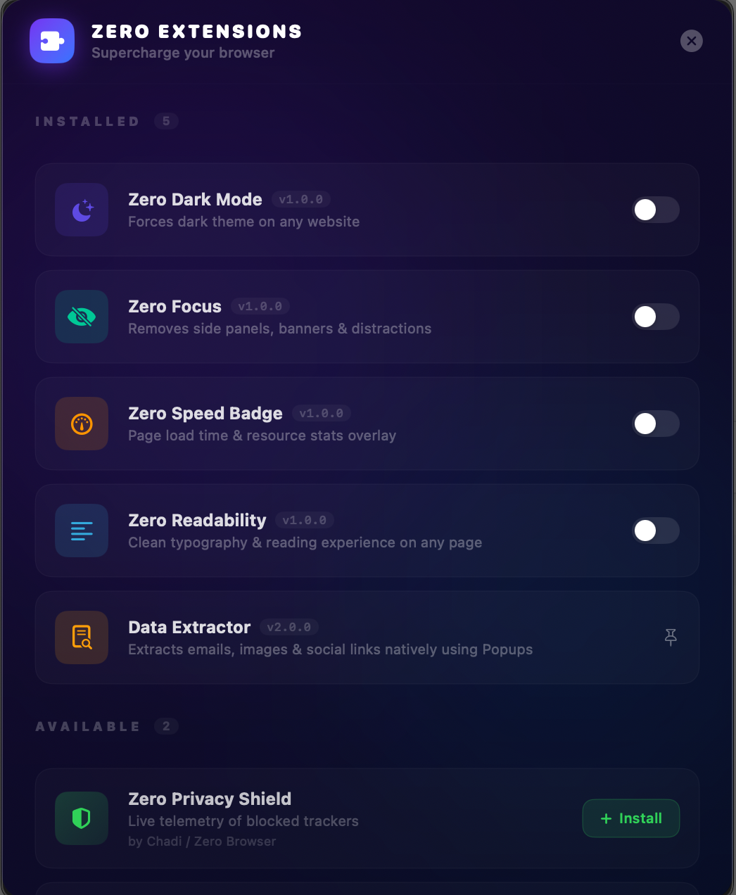 Zero Browser extensions panel