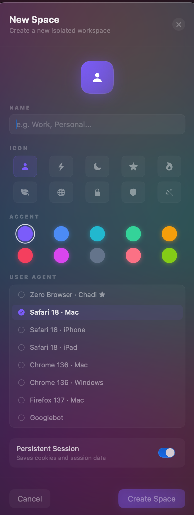 Zero Browser profile creation